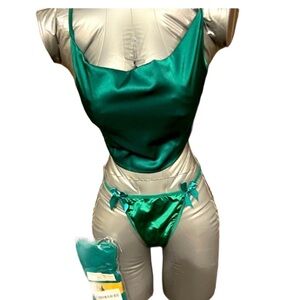 Satin Cowl Neck Camisole & Thong Set in Green